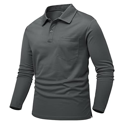 Image of Rdruko Golf Shirt Long Sleeve Men Smart Casual Breathable Button Neck T Shirts Wicking Quick Dry Polyester Work Tops with Pocket Dark Grey L