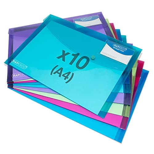 Image of Rapesco 1681 ECO Recycled ID Popper Wallets, A4, Assorted Bright Transparent Colours, Pack of 10
