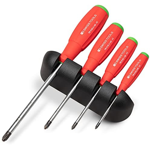 Image of PB Swiss Tools Pozidriv PB 8243 Cross Screwdriver Set | 100% Swiss Made | 4-Piece SwissGrip Screwdriver Set (PZ0/PZ1/PZ2/PZ3) Including Wall Mount (4-Piece Red/Green)