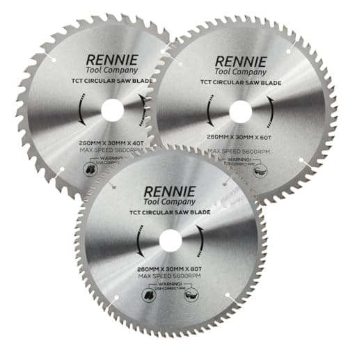 Image of (PACK OF 3) 260mm x 30mm Bore x 40T 60T & 80T TCT Circular Wood Saw Blades Includes 25mm 20mm & 16mm Bore Reduction Rings. Compatible with Festool Bosch Makita Dewalt Circular Saw Etc.