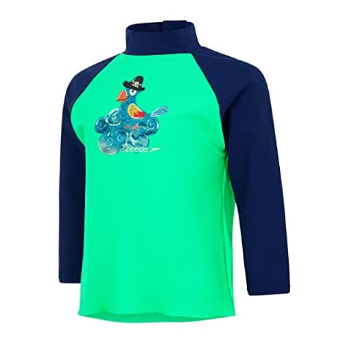 Image of Speedo Infant Boy's Long Sleeve Printed Sun Protection Rash Top, Fake Green/Harmony Blue/Steel Blue, 2 Years