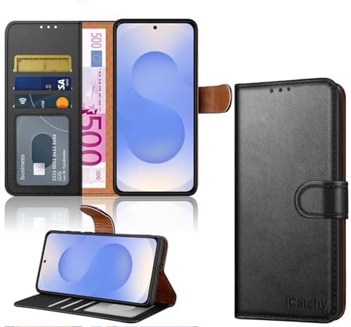 Image of iCatchy for Samsung S25 / S24 Case Leather Wallet Book Flip Folio Stand View Magnetic Protect RFID Blocking Cover Compatible With Galaxy S25 / S24 Phone Case (Black)