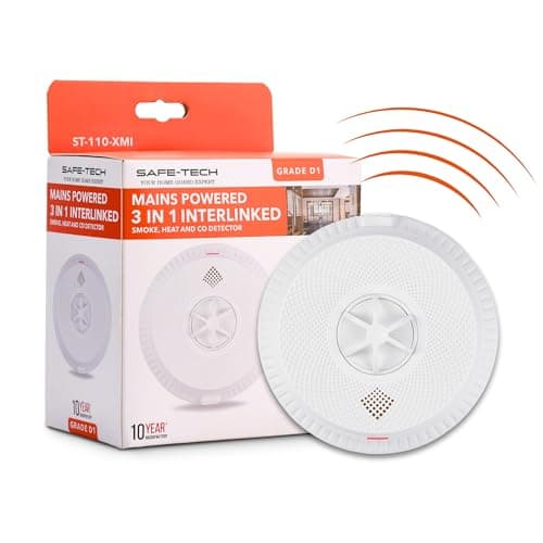 Image of SAFE TECH Mains Powered Radio Interlink 3 In 1 Multi Sensor Smoke Alarm, Dual Interlink 230v Smoke Heat Carbon Monoxide 3 in 1 Alarm with 10 Year Battery, Hardwired Interlinked Smoke Alarm BS 5839‑6
