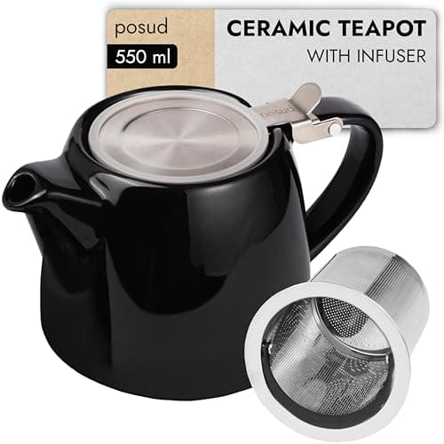 Image of posud Teapot with Infuser – Ceramic Teapot with Strainer for 2 Cups – 550ml Small Tea Pot Infuser for Loose Tea – Stump Tea Pot with Filter for Two (Black)
