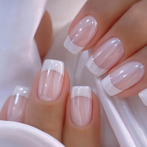 Image of Ceboic 24Pcs White French Tip Press on Nails, Short Square False Nails, Nude Elegant Acrylic Glossy Fake Nail with Glue Stickers, Natural Reusable Stick on Nails for Women Girls Manicure Decorations