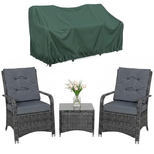 Image of Outsunny 3 Pieces Rattan Bistro Set with Furniture Cover, Wicker Garden Furniture Set, Glass Top Coffee Table and Chairs with Cushions for Outdoor, Patio, Balcony, Grey