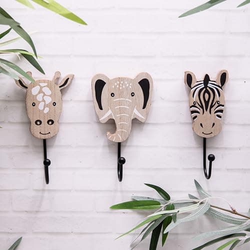 Image of Annibells Set 3 x Animal Childrens Jungle Safari Natural Wood Black Metal Hanging Wall Hooks