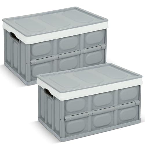 Image of Tuevob 2 Pack Collapsible Storage Boxes with Lids 30L - Plastic Stackable Bins, Folding Utility Crates for Clothes, Books, Snacks, Shoes, Grocery Organization - Grey