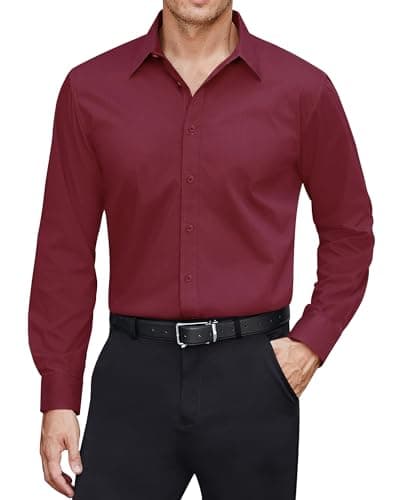 Image of J.VER Shirts for Men UK Long Sleeve Stretch Stain Shield Non Iron Regular Fit Fashion Business Casual Smart Plain Party Dinner Daily Shirt Burgundy L