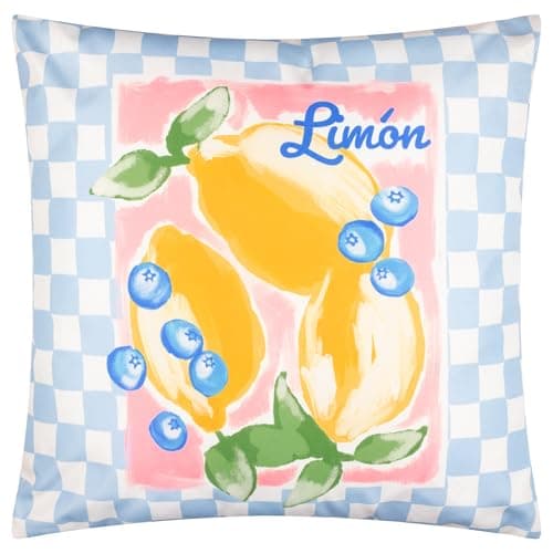 Image of furn. Mediterranean Limon Cushion Cover – Reversible Water Resistant Coastal Lemon Check Outdoor Decorative Case (Sky Blue - 45x45cm)