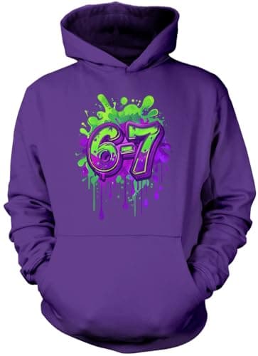 Image of HotScamp Bright 67 Hoodie for Kids, Teens and Adults – 67 6-7 Graffiti Paint Green Purple Slogan Hooded Sweatshirt - Six Seven Graphic Internet Meme Fun Number Day Hoody Purple XX-Large