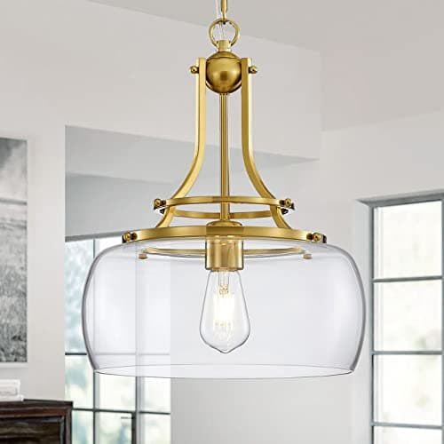 Image of WUZUPS Chandelier Rustic Farmhouse Industrial Round Ceiling Pendant LED Light Fixture with Clear Glass Shades for Dining Room Kitchen Island Foyer Entryway, H 43 x W 34, E27 Base, Brushed Gold