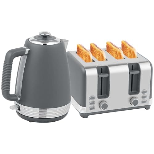 Image of HOMCOM Stainless Steel Kettle and Toaster Set, 1.7L 3000W Rapid Boil Jug Kettle with UK Strix Thermostat, Limescale Filter, 4 Slice Toaster with 7 Browning Controls, Crumb Tray, Grey and Silver Tone