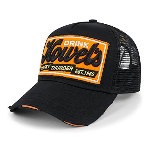 Image of ililily Premium Howels Embroidery Vintage Baseball Cap Distressed Trucker Hat, Black Front, Medium