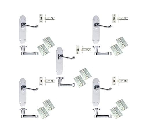 Image of Golden Grace Epsom Design Victorian Scroll Door Handles Lever on Shaped Backplate - Latch Door Pack with Hinges & Latch - Polished Chrome, 5 Sets