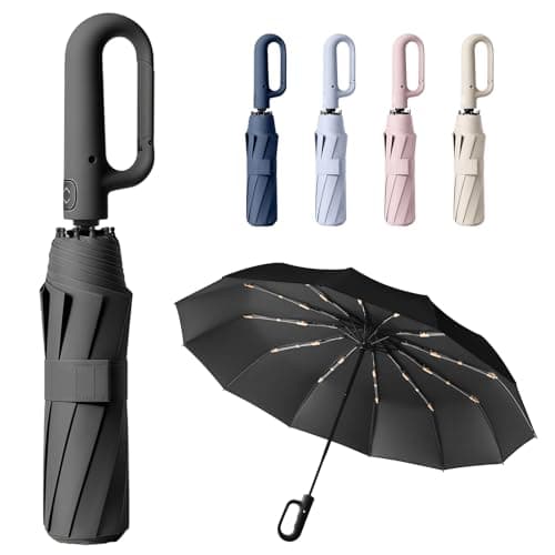 Image of HCQC Umbrella with Carabiner Handle – Never Forget to Bring It! Windproof Strong Travel Umbrella, Auto Open Close, 20-Rib Frame – for Men Women (Black)