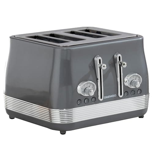 Image of Daewoo Denver 4 Slice Toaster – Smoked Grey, Retro Vintage Design, Wide Slots, Defrost, Reheat, Cancel Functions, Browning Control, Removable Crumb Trays – Ideal for Family Kitchens