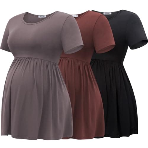 Image of Bearsland Maternity Tops Short Sleeve Scoop Neck Breastfeeding T-Shirt Pregnancy Clothes, Black&Nutshell&Coppery Brown, M