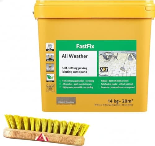 Image of Fast Fix All Weather | Ready to Use, Self-Setting Paving Jointing Compound for Any Weather, Suitable for Stones Setts, Paving Block and Footpaths With Scrub Brush 14kg - 20 sq.m (Deep Grey)