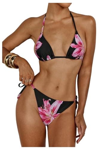Image of GORGLITTER Women's Floral Leopard Print Bikini Sets Halter Triangle Tie Side 2 Piece Swimsuits High Waisted Thong Bikini Set Black and Pink S