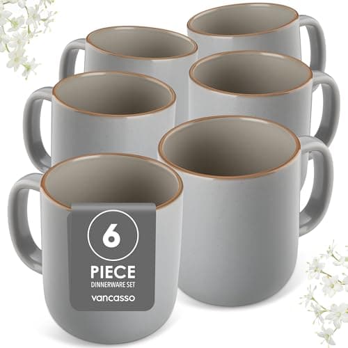 Image of vancasso Reno Stoneware Mug Set of 6, 480ml Durable Coffee Cup and Mug for Kitchen, Home & Office, Microwave & Dishwasher Safe, Grey