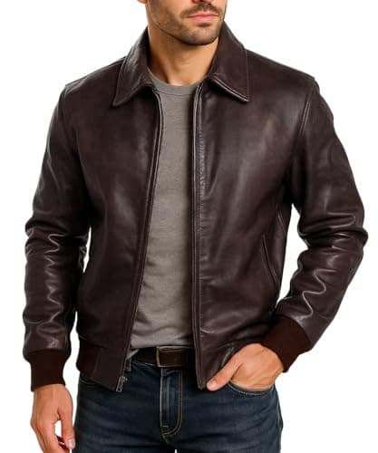 Image of Fashion_First Brown Leather Jacket Mens Motorcycle Bomber Jacket Brown Mens Jackets Casual Leather Jackets Harrington