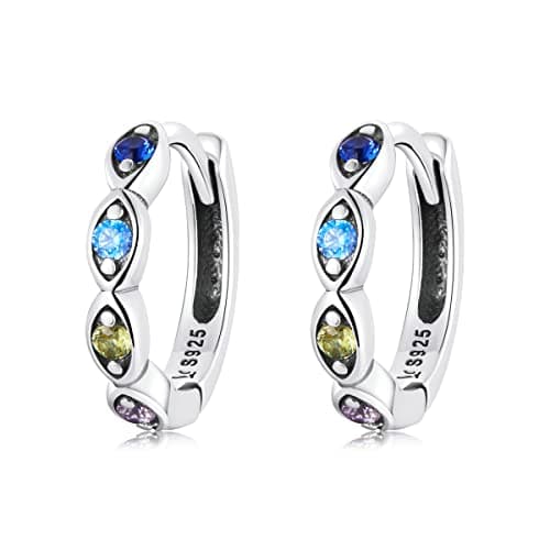 Image of Rainbow Evil Eye Small Hoop Earrings Sterling Silver 925 Colorful Crystal Rhinestone CZ 10mm Cartilage Round Huggie Hoops Tragus Earring Fashion Jewelry Gifts for Women Girls