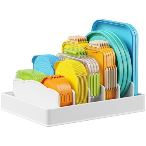Image of Lifewit Plastic Lid Organisers for Cupboard, Food Storage Container Lids Holder with 5 Inserts & 6 Adjustable Sections, Plates, Bowls Storage for Deep Drawer in Kitchen, 33 x 25.4 cm
