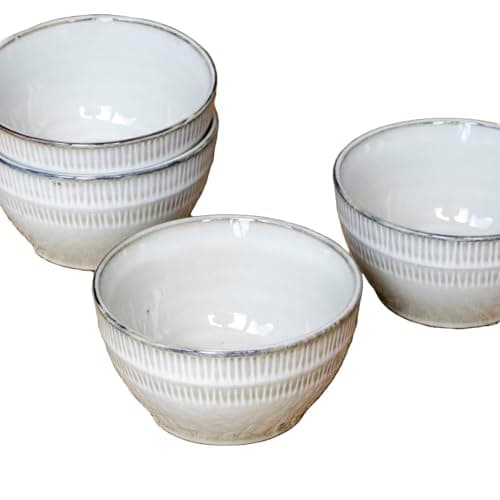 Image of Darthome Set of 4 Stoneware Embossed Reactive Glaze Small Bowls, Grey, Lined Pattern, 350ml, Dishwasher & Microwave Safe, Ideal for Dips, Nibbles, Snacks & Tapas