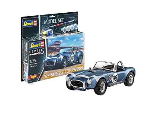 Image of Revell Model Set 67669 62 Shelby Cobra 289 1:25 Scale Unbuilt/Unpainted Plastic Model Kit with Contacta Professional Glue, Paintbrush & Selected Aqua Color Paints
