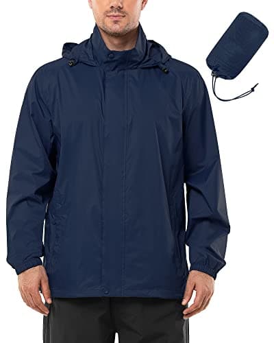 Image of Outdoor Ventures Mens Lightweight Waterproof Jackets, Packable Rain Jacket Breathable Windproof Raincoat Adjustable Hiking Outdoor Jacket Navy Blue XL