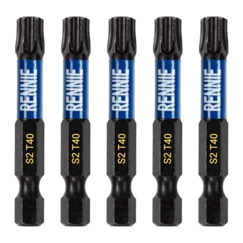 Image of 5 x Rennie Tools 50mm Long T40 TX40 Impact Screwdriver Driver Bits Set. Heavy Duty Magnetic Torx Screwdriver Bit Set. Black Oxide Coated Torx Impact Driver Bits. Torx Bit Set