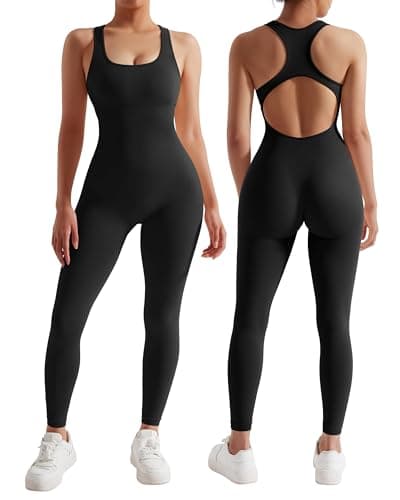 Image of DOULAFASS Unitards for Women Backless All In One Piece Jumpsuits Sleeveless Scoop Neck Bodycon Romper Seamless Workout Yoga Sports Racerback Jumpsuits