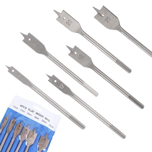 Image of 6 Heavy Duty Spade Drill Bits Set with a Vinyl Carry Pouch - 1/4 Inch Quick Change Hex Shank, 10mm, 12mm, 16mm, 18mm, 20mm, and 25mm, Flat wood Bit Set, Woodworking Hole Cutter Tool