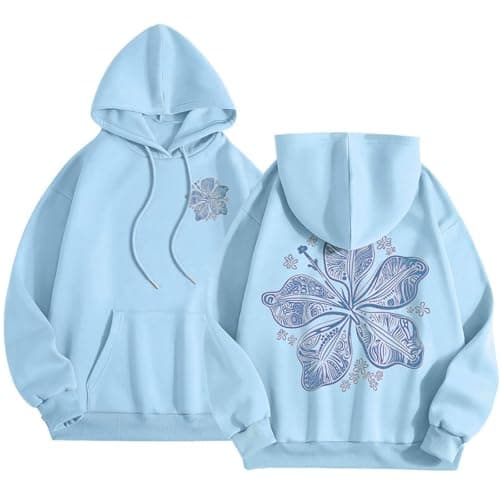 Image of SANSIWU Women's Cute Embroidered Hoodies Flower Graphic Long Sleeve Preppy Aesthetic Hoodie Sweatshirts Teen Girls Oversized Pullover Hooded Top (A-Blue, S)