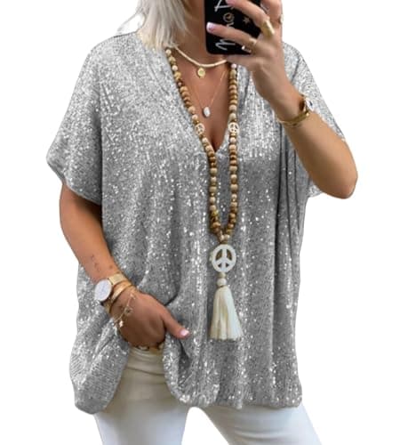 Image of Asoodiy Women Sequin Tops Sparkly V Neck Blouse Short Sleeve Glitter Top Party Club Blouses Ladies Baggy Loose fit Shirts White Sliver M