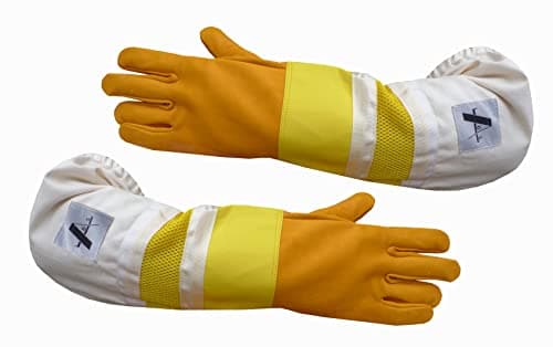 Image of PRO Apiary Yellow Long Gauntlet Leather Beekeeper Gloves Ventilated Bee keeping Beekeeping Bee Gloves Protection (Large)