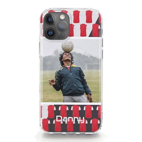 Image of Personalised Phone Case For Apple iPhones, 17, 16, 15, 14, Pro, Max, Mini, Plus 13, 12, 11, X, XS, XR, SE Custom Red White Football Shirt Cover with One Image and Text