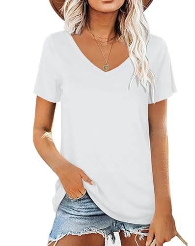 Image of AirMood Womens Summer Tshirts V Neck Casual Short Sleeve Tunic Tops Tees (White,L)