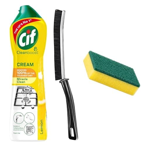 Image of Cif Lemon Cream Cleaner 500ml with Crevice Cleaning Brush & Sponge – Cleaning Products Bundle, Multi Purpose Cleaner Set, Surface Cleaner for Kitchen & Household