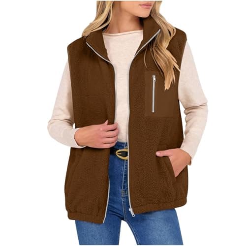 Image of Saxrel Brown Ladies Gilet & Bodywarmers Teddy Fleece Vest - Button-Down Sherpa Jacket Waistcoat Winter Warm Sleeveless Light Body Warmer Wool Coat Women Lightweight Plus Size Gilet