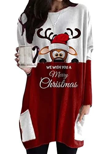 Image of YMING Ladies Round Neck Jumpers Christmas Sweatshirts Long Sleeve Blouse Shirts Elk White Red 3XL