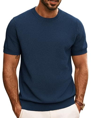 Image of PJ PAUL JONES Mens T Shirt UK Crew Neck Knitted Tee Shirt, Classic Tshirt Short Sleeve Dark Blue L