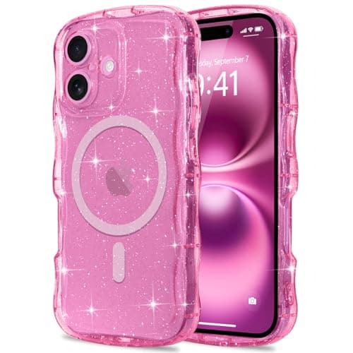 Image of Pepmune for iPhone 16 Plus Case Clear [Compatible with Magsafe] Bling Sparkle Glitter Magnetic Cover,Soft TPU Curly Wavy Frame & Hard PC Back,Slim Shockproof Wave Phone Case for Women Girls-Hot Pink