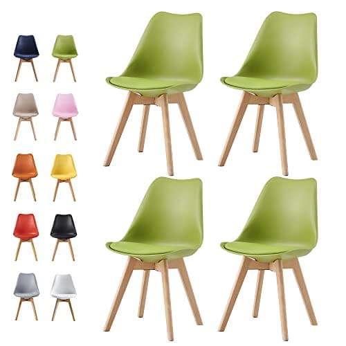 Image of mcc direct Set of 4 Dining Chairs Wooden Legs Soft Cushion Pad Stylish DELUXE Retro Lounge Dining Office EVA (Green)