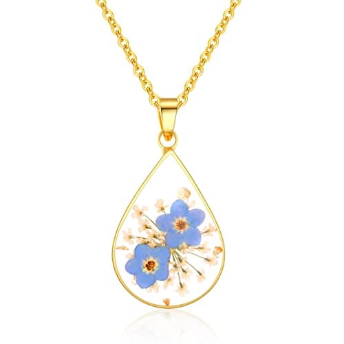 Image of WESIHOO Forget-Me-Not and Queen Anne's Lace Pressed Wildflower Necklace | Teardrop Pendant Necklace | Gold Pressed Flower Necklace | Symbol of Everlasting Love and Memory | Gift For Women | 18”