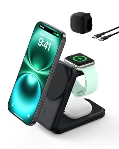 Image of Belkin UltraCharge Magnetic Wireless Charger 25W, 3-in-1 Qi2.2 Certified MagSafe Compatible Fast Charger, Charging Station for iPhone 17, Air, Apple Watch, AirPods, Pixelsnap with 45W Adapter - Black