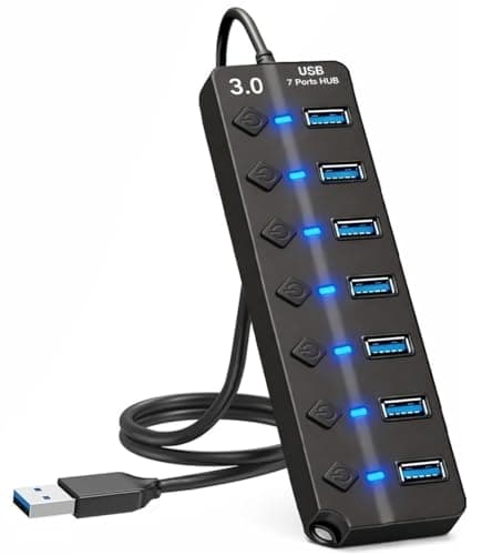 Image of 7-Port USB Hub 3.0 – Multi USB Port Hub with Individual Switches and Lights – USB Multiport Adapter Splitter – High-Speed USB Hub Extender for PC, Laptop, Macbook, Flash Drives, Mobile HDD