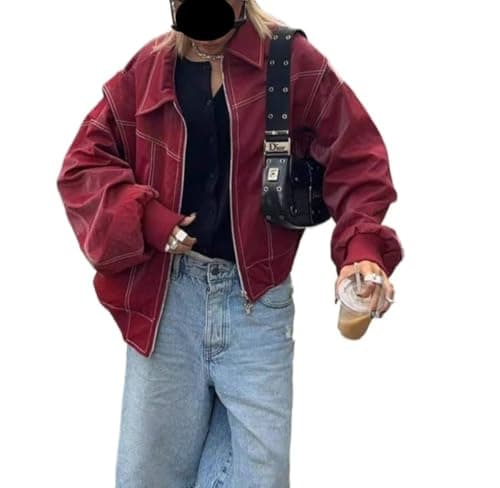 Image of Cropped Leather Jacket Women Fall Clothes Y2k Clothes Oversized Leather Motorcycle Jacket Y2k Jackets Vintage Clothes, Green, L