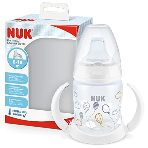 Image of NUK First Choice Sippy Cup | 150 ml | Easy-Grab Handles & Orthodontic Silicone Spout | Leak-Proof | 6-18 Months | Anti-Colic | Temperature Control | BPA-Free | Balloons (White)